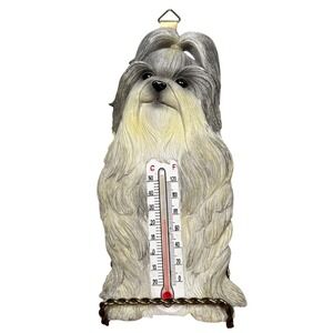 Spoontiques Shih Tzu Dog Wall Thermometer Resin Hanging Decor Gray White Animal